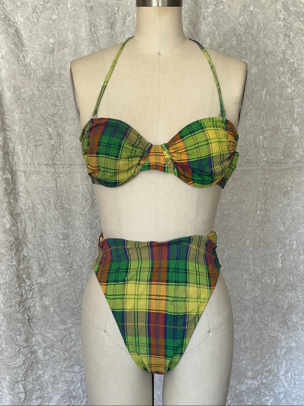 Swim Green Plaid High-Waist Bikini Set